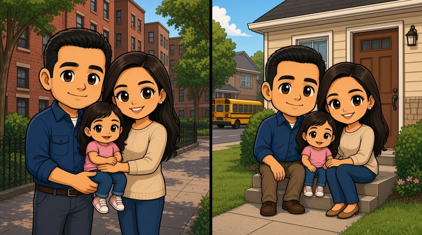 A Puerto Rican father and mother hold their toddler daughter in a Bronx courtyard, then sit with her on the steps of a small suburban house.