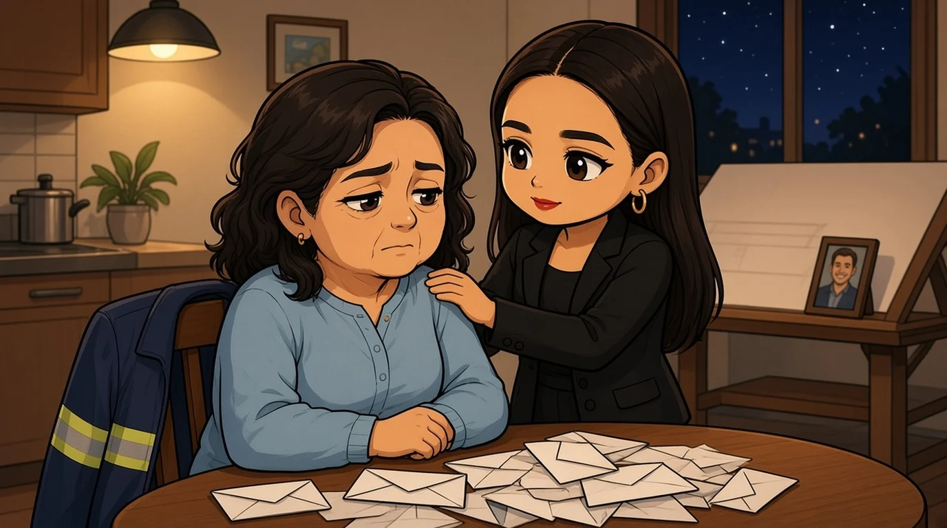A college-age daughter stands with her mother at a kitchen table covered in envelopes; an empty drafting table and a photo of her father sit in the background.