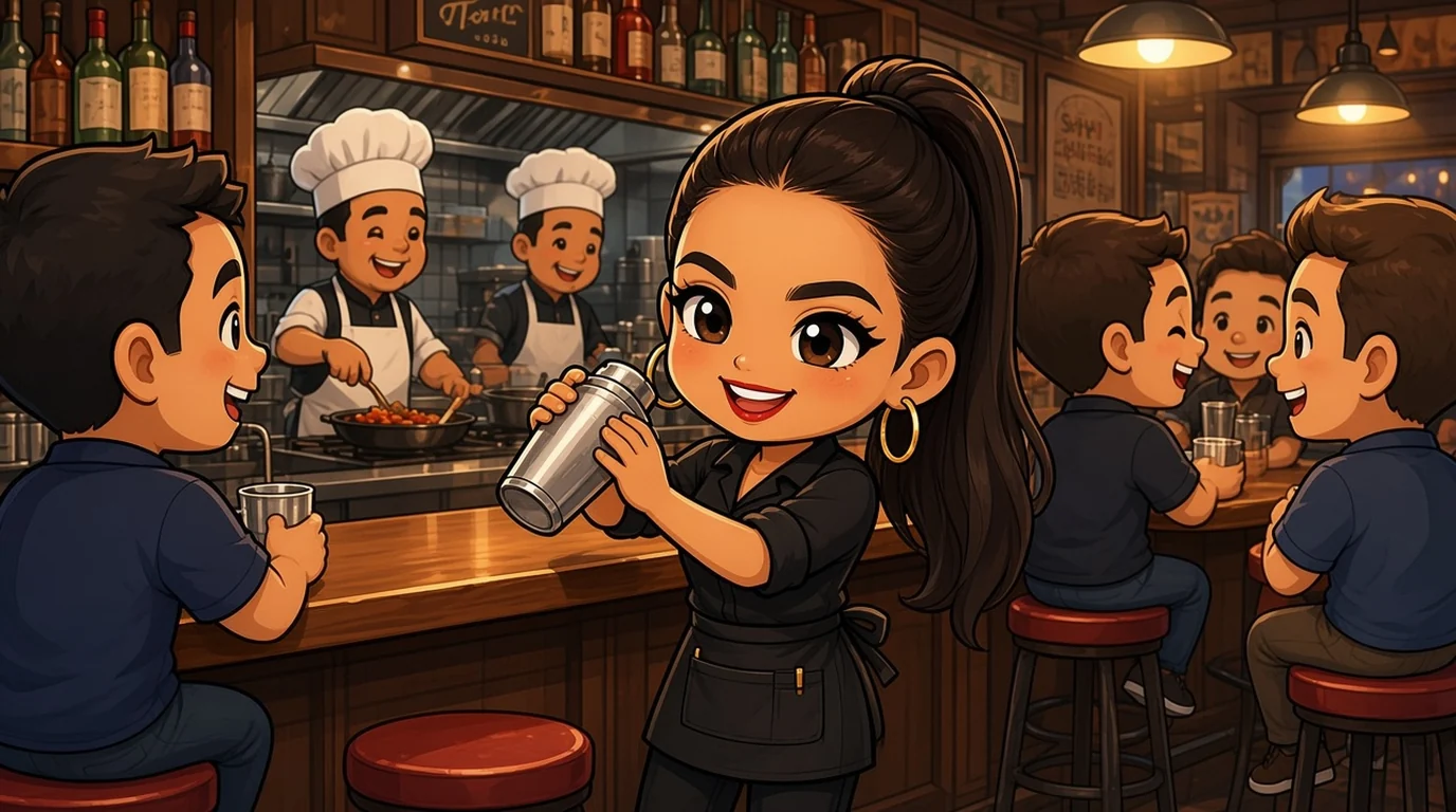 Ocasio-Cortez behind a taqueria bar, shaking a cocktail tin for regulars.