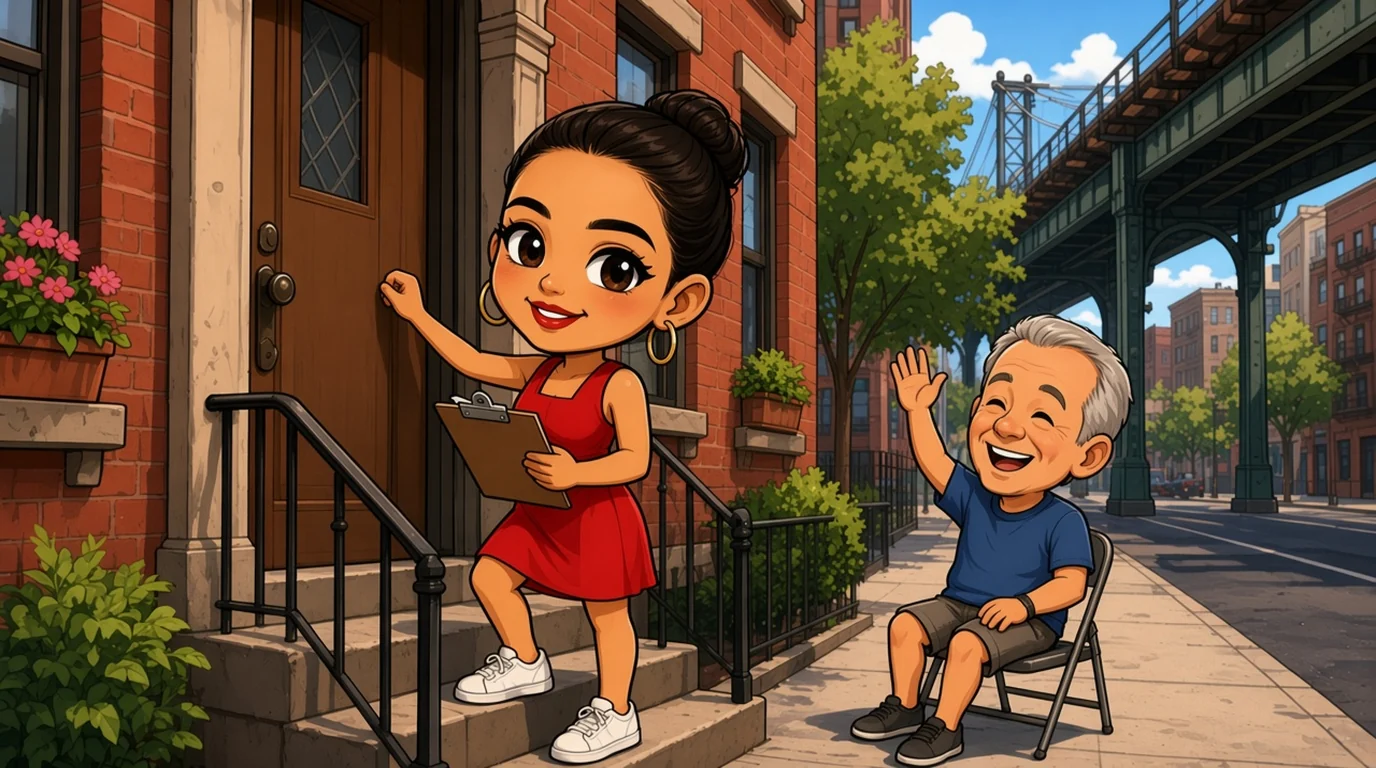 Ocasio-Cortez in a red dress knocks on a Bronx walk-up while a neighbor waves from a folding chair.