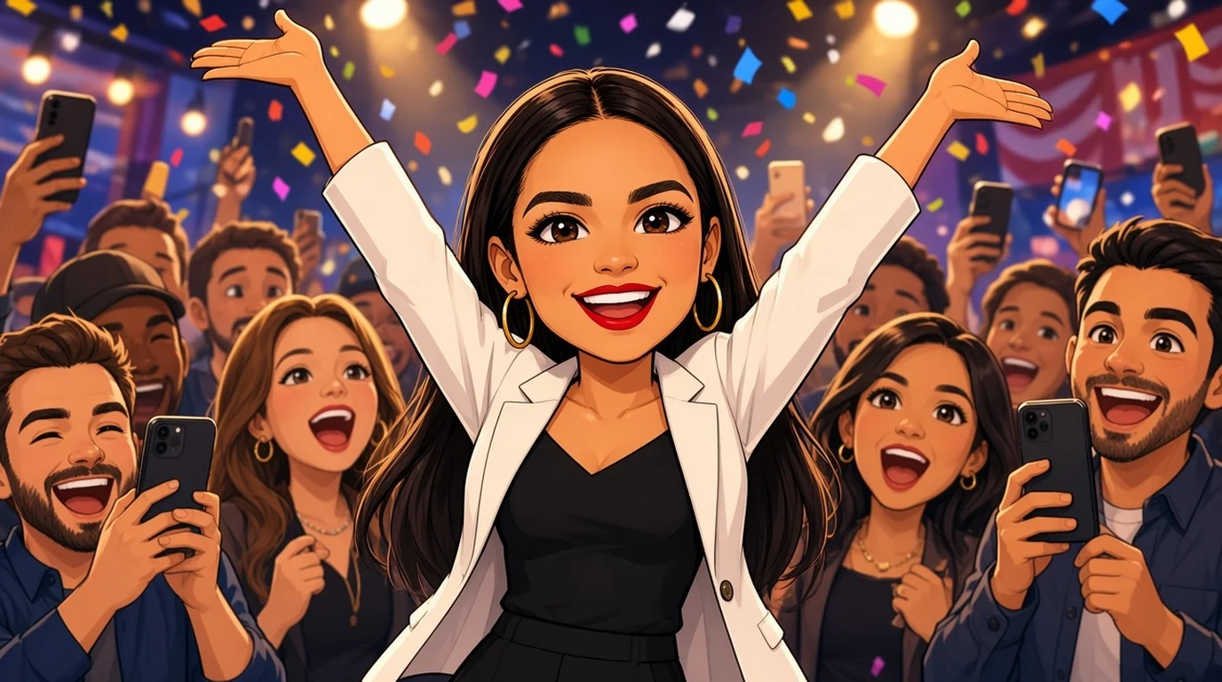 Ocasio-Cortez in a white blazer throws her arms up on election night as the room cheers.