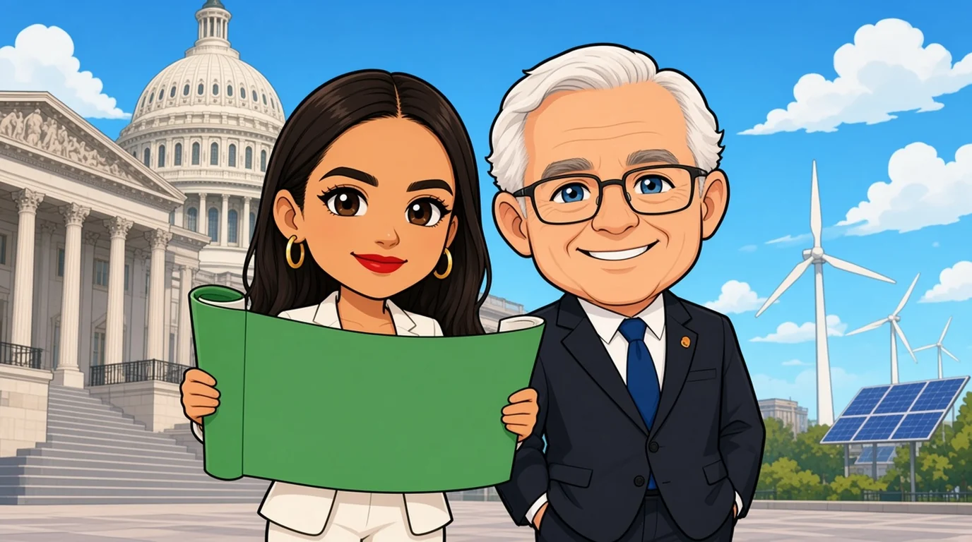 Ocasio-Cortez and an older white senator hold a blank green document on the Capitol steps, wind turbines behind them.