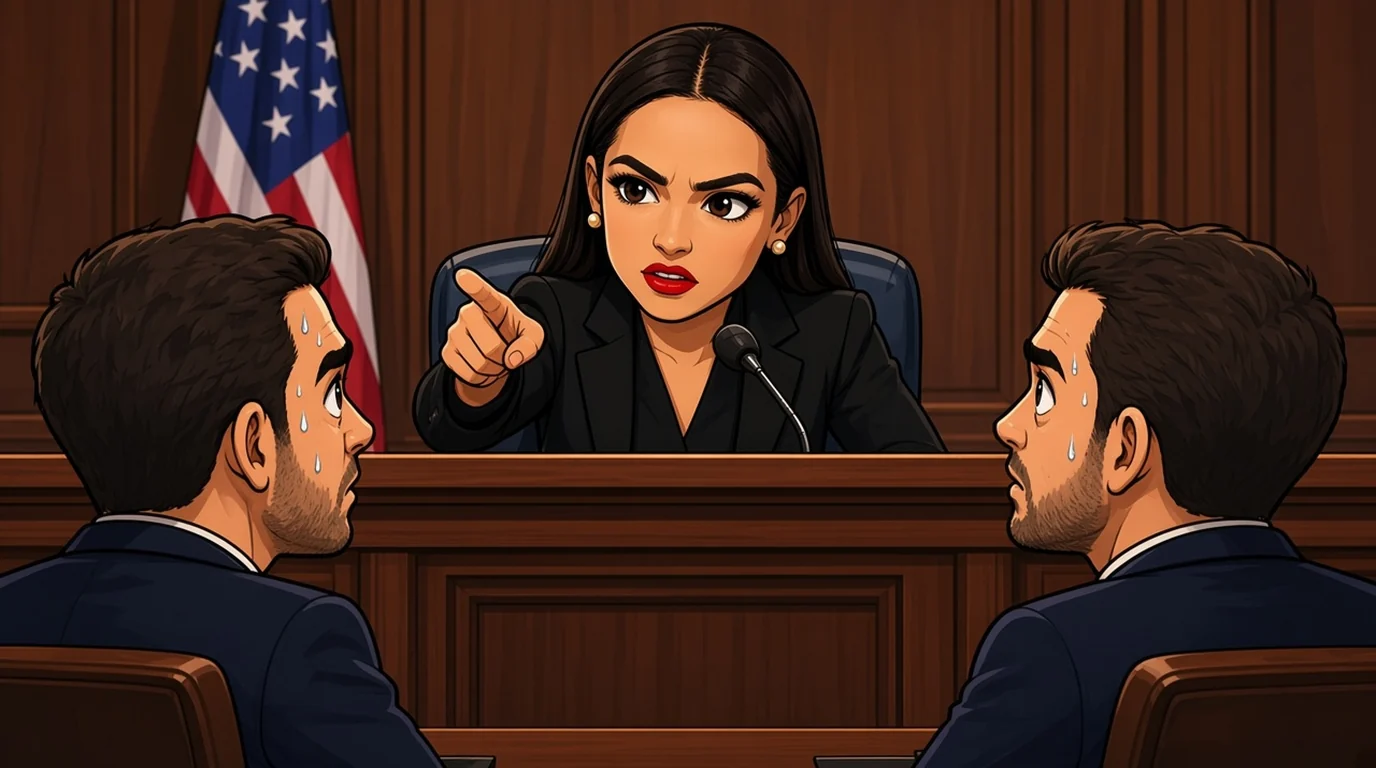 Ocasio-Cortez at a House dais points at two sweating witnesses.
