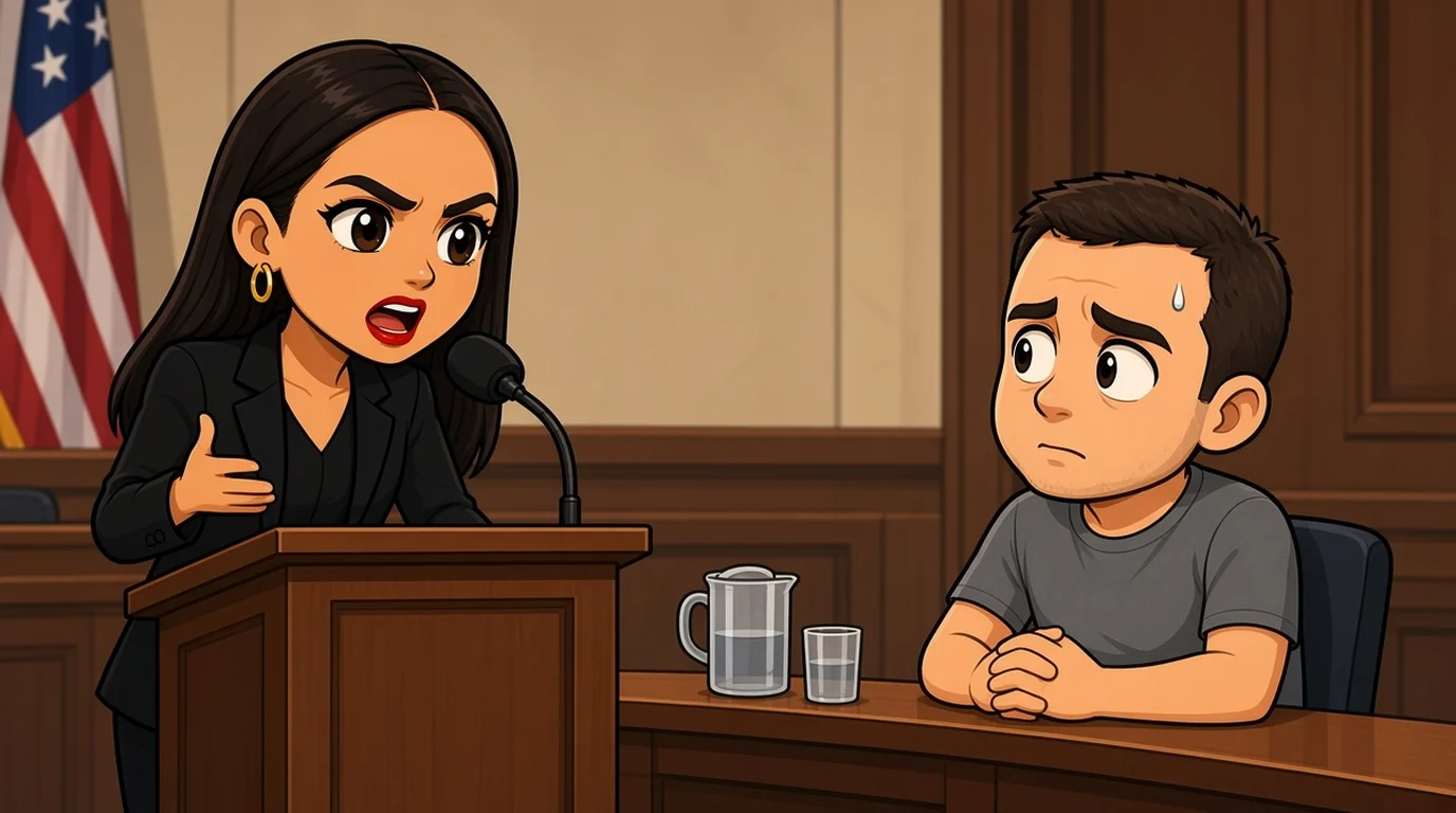 Ocasio-Cortez at a microphone questions a man in a gray t-shirt at the witness table.
