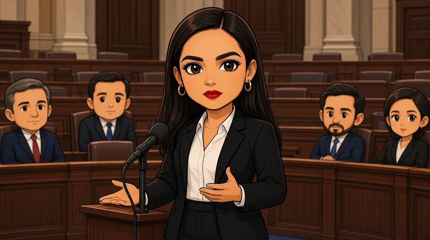Ocasio-Cortez speaks at a House floor microphone, calm and direct.