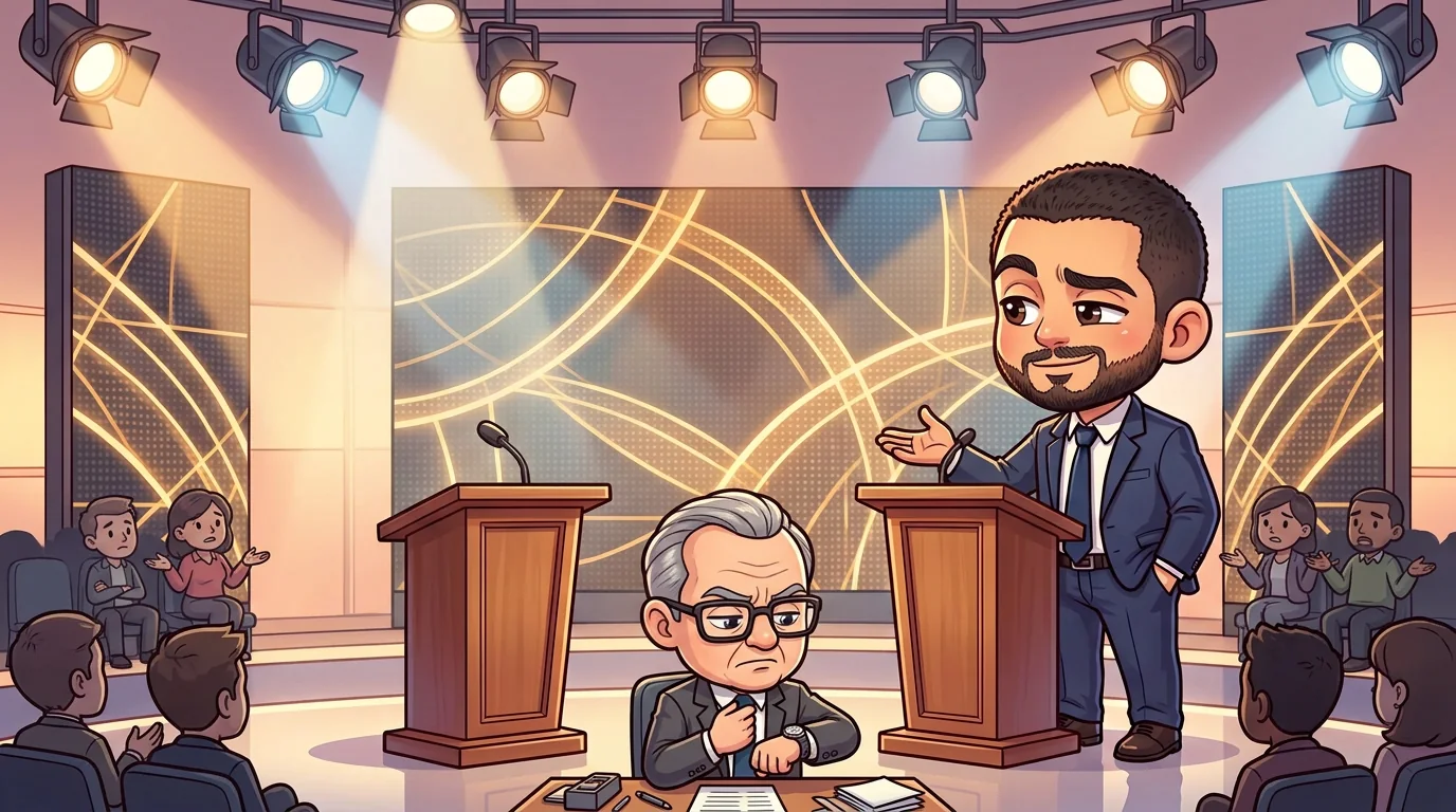 El-Sayed gestures at an empty podium on a TV debate set as the moderator checks his watch.