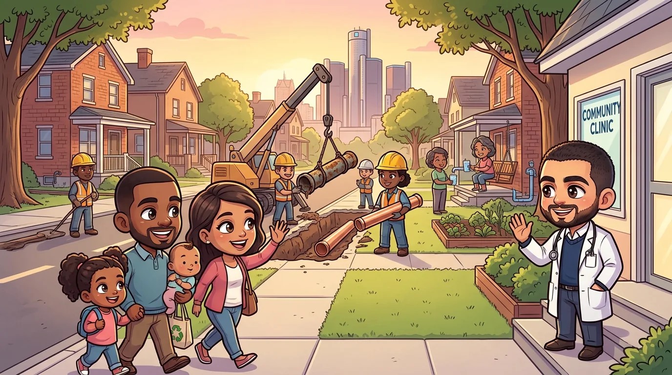 A future Detroit street: a family leaves a clinic with no bill, a crew swaps lead pipes for copper, El-Sayed waves from the clinic steps.