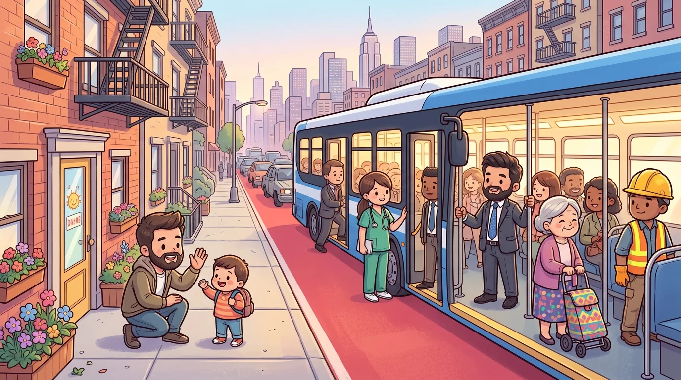 A future New York morning: riders board a free bus in a red bus lane, a dad drops a toddler at daycare, Mamdani rides along.