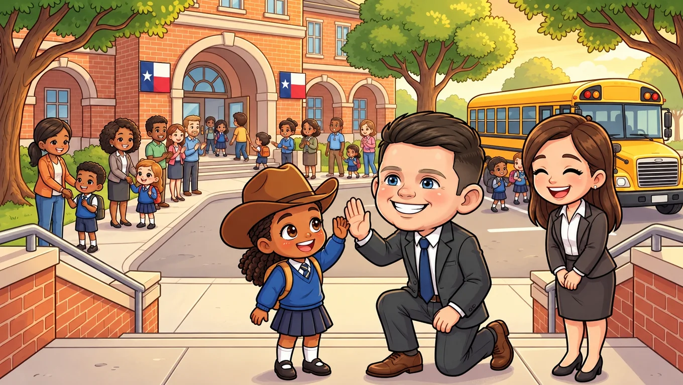 A future Texas public school: teachers welcome families, Talarico high-fives a kid on the steps.