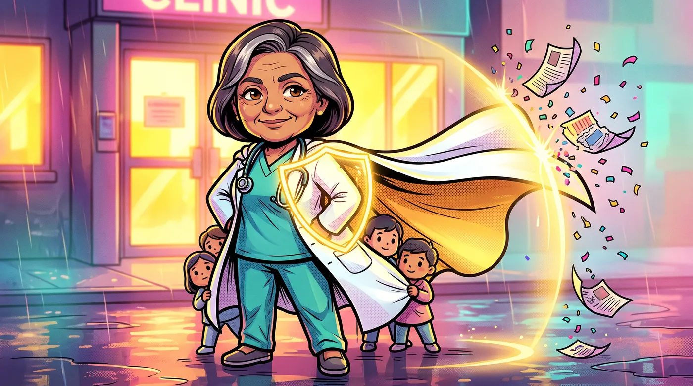 An older Egyptian woman in a white coat that flares like a cape, children safe behind her, attack ads tearing into confetti.