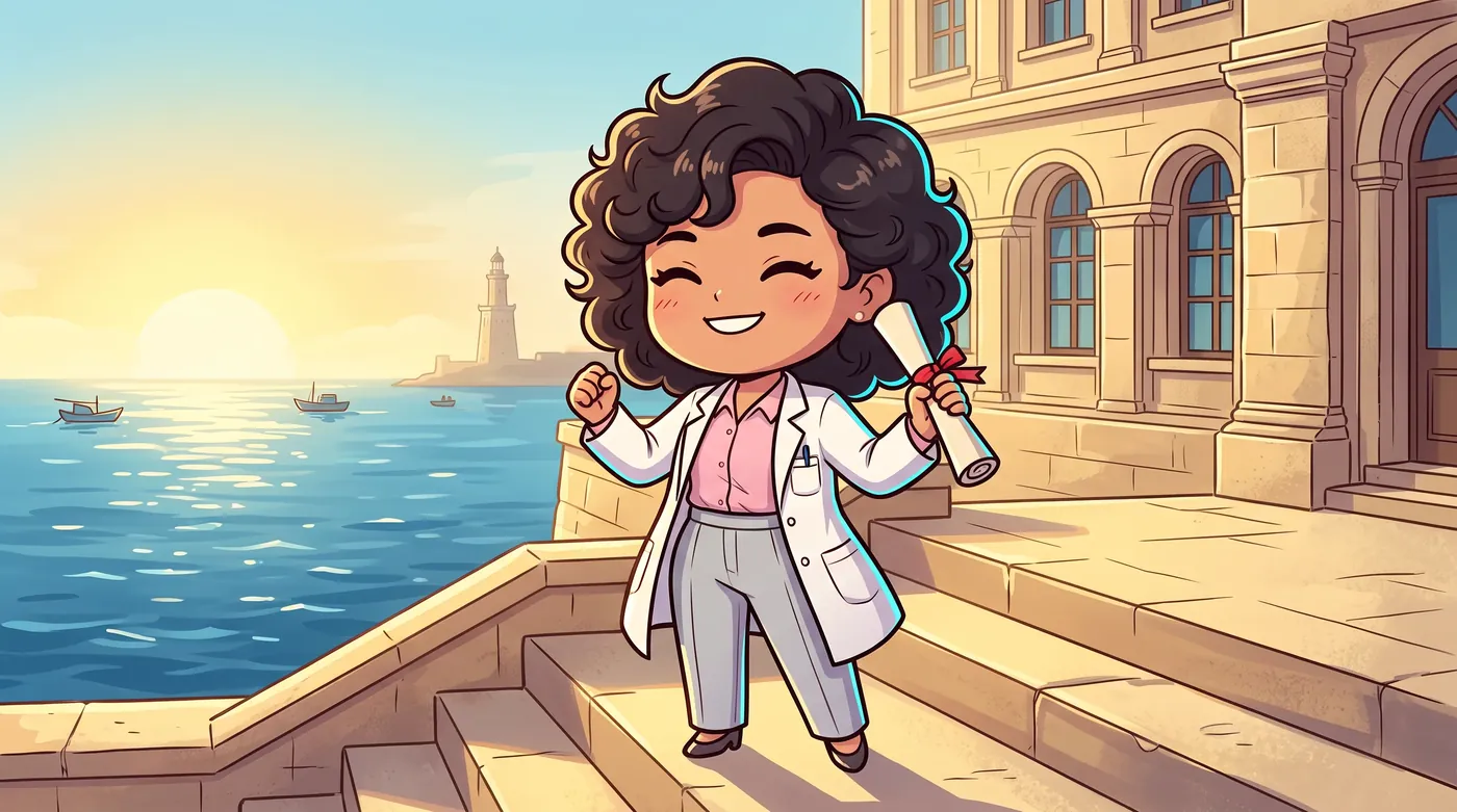A young woman in a fresh white coat on stone steps by the sea.