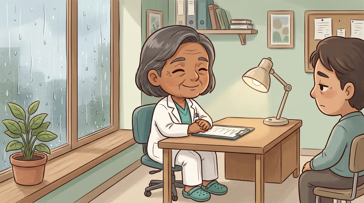 The woman listens to a tired young man across her clinic desk.