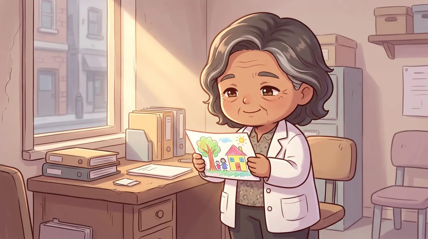 The woman in a white coat holds a child's crayon drawing in a modest aid office.