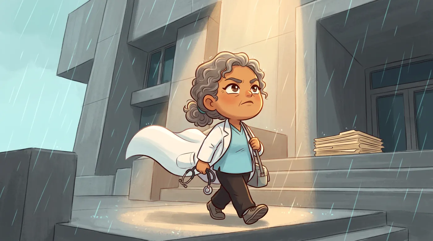 The woman in the white coat walks down federal-building steps into gold light.