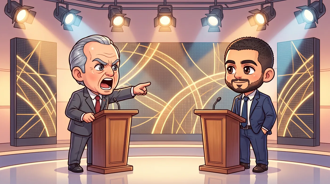 Rogers shouts and jabs a finger from his podium; El-Sayed stands calm at his.