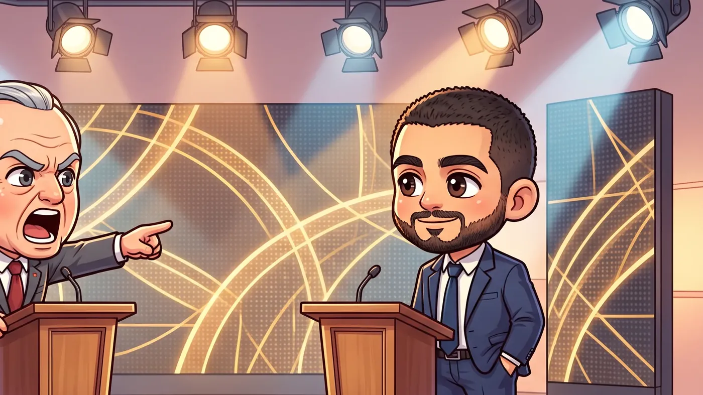 El-Sayed stands unbothered at his podium while Rogers points at him.