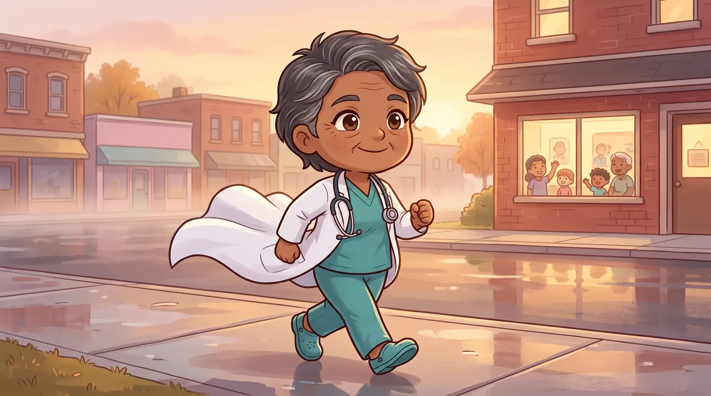 The woman in the white coat walks toward a small clinic at dawn, patients waving.