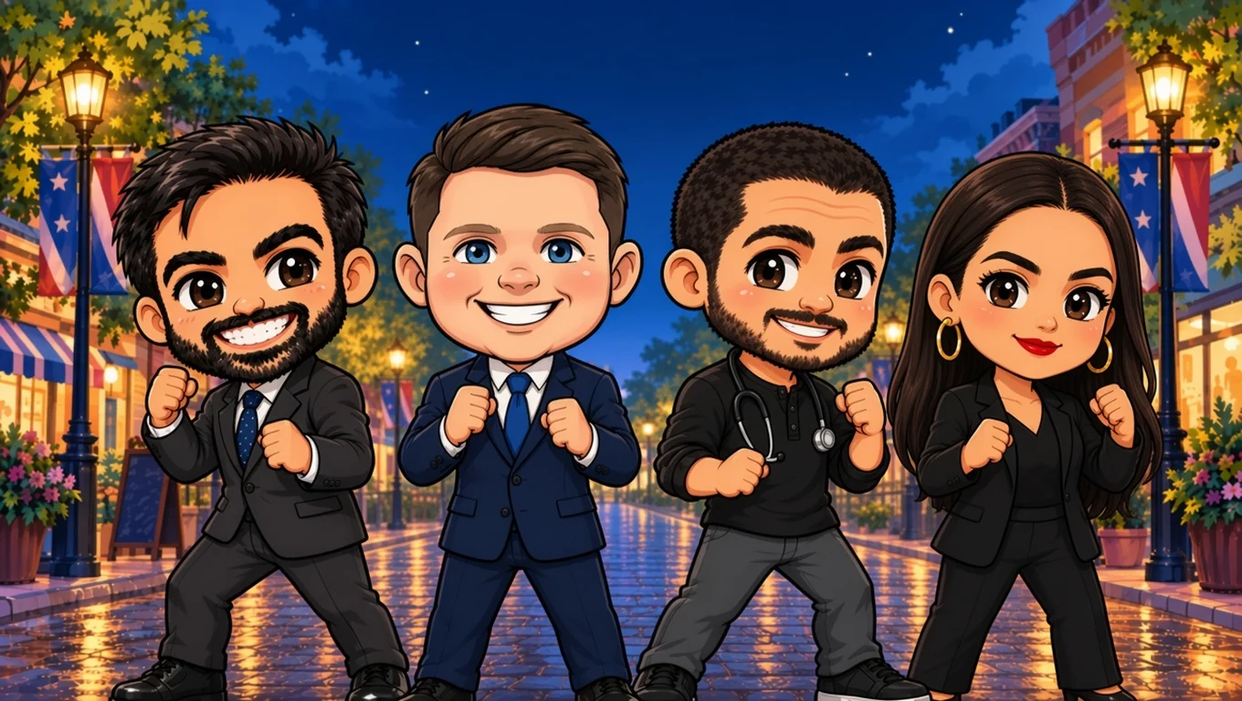 Zohran Mamdani, James Talarico, Abdul El-Sayed, and Alexandria Ocasio-Cortez square up on a rainy street.