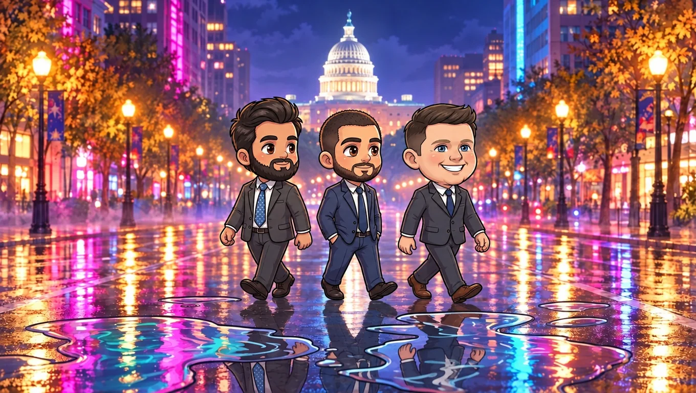 Mamdani, El-Sayed and Talarico walk side by side up a rain-slick avenue, the Capitol dome lit behind them.