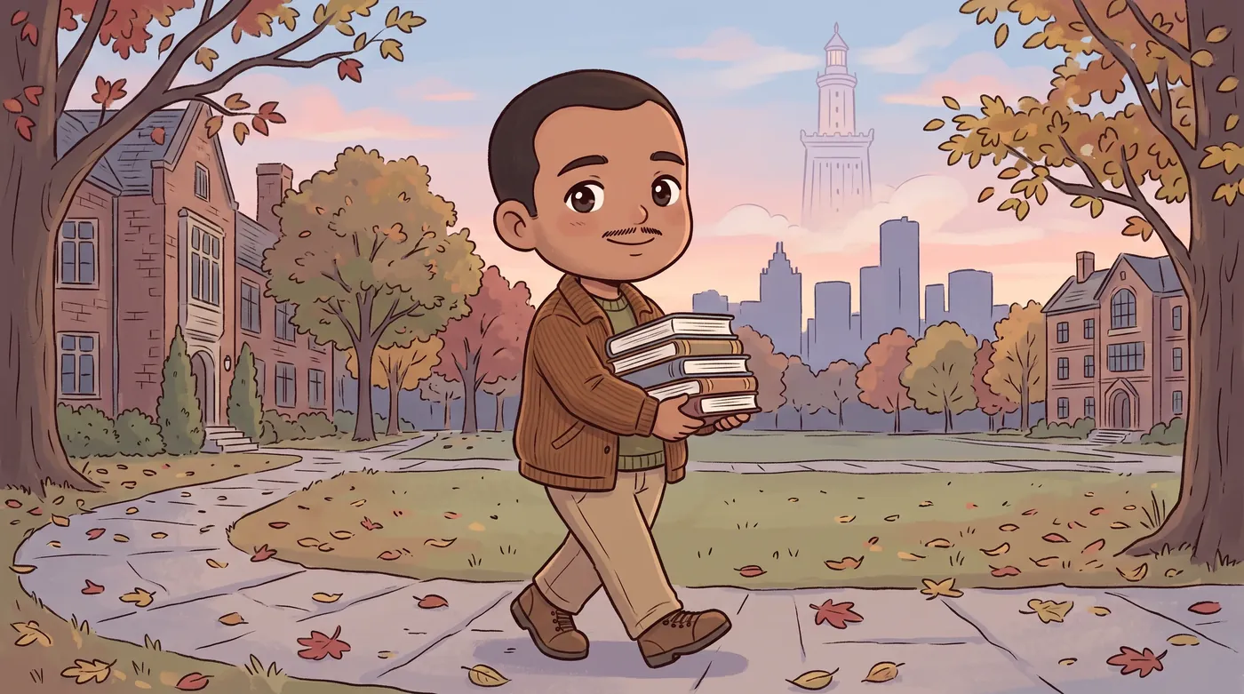 A young Egyptian engineer with textbooks on a Detroit campus at dusk.