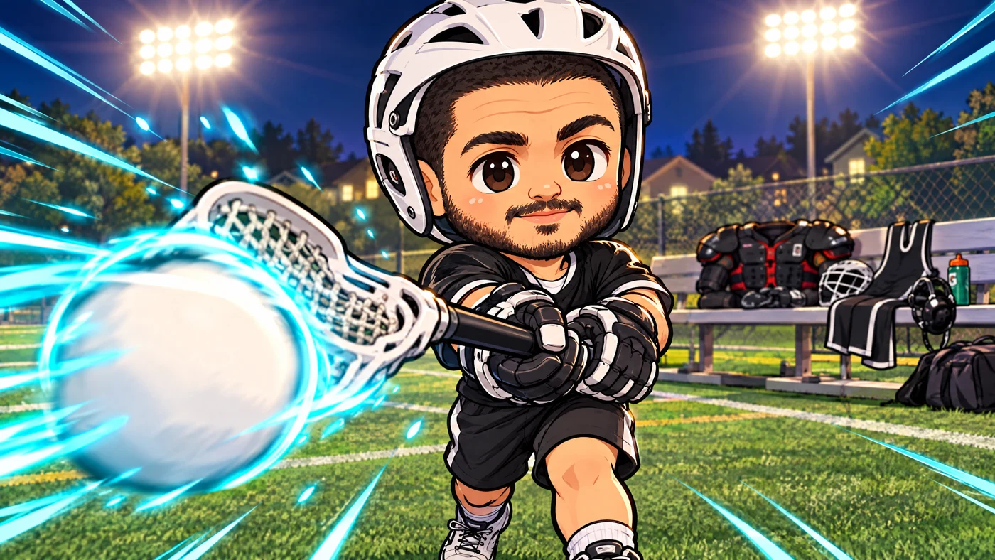A teenage El-Sayed whips a lacrosse shot under stadium lights.