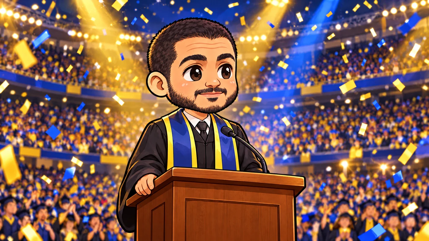 El-Sayed in a graduation gown speaks at a podium before a stadium crowd.