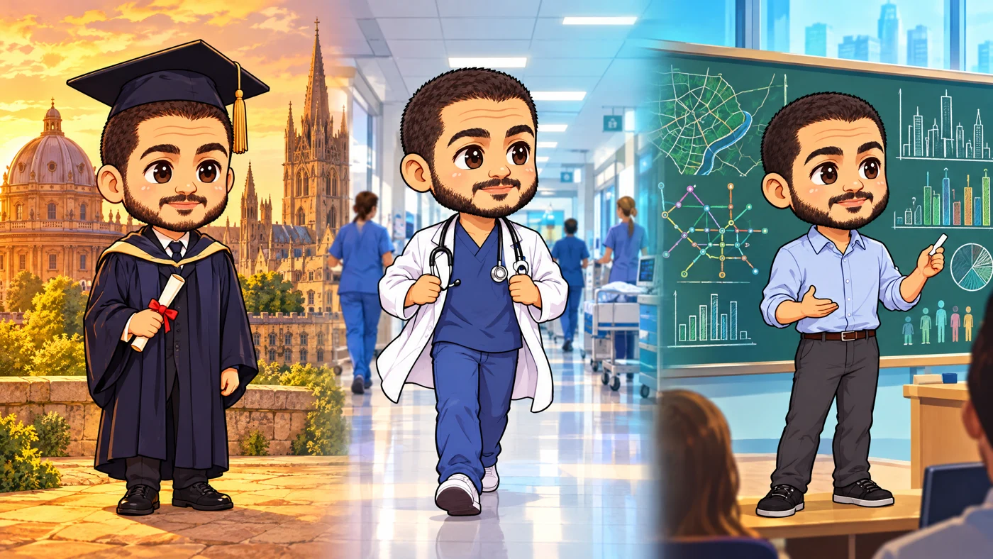 El-Sayed as an Oxford scholar, a doctor in a hospital corridor, and a lecturer at a chalkboard.