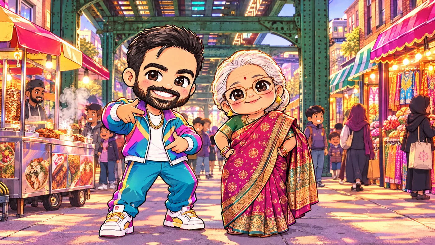 Mamdani raps in a tracksuit under the 7 train beside an elderly woman in a sari.