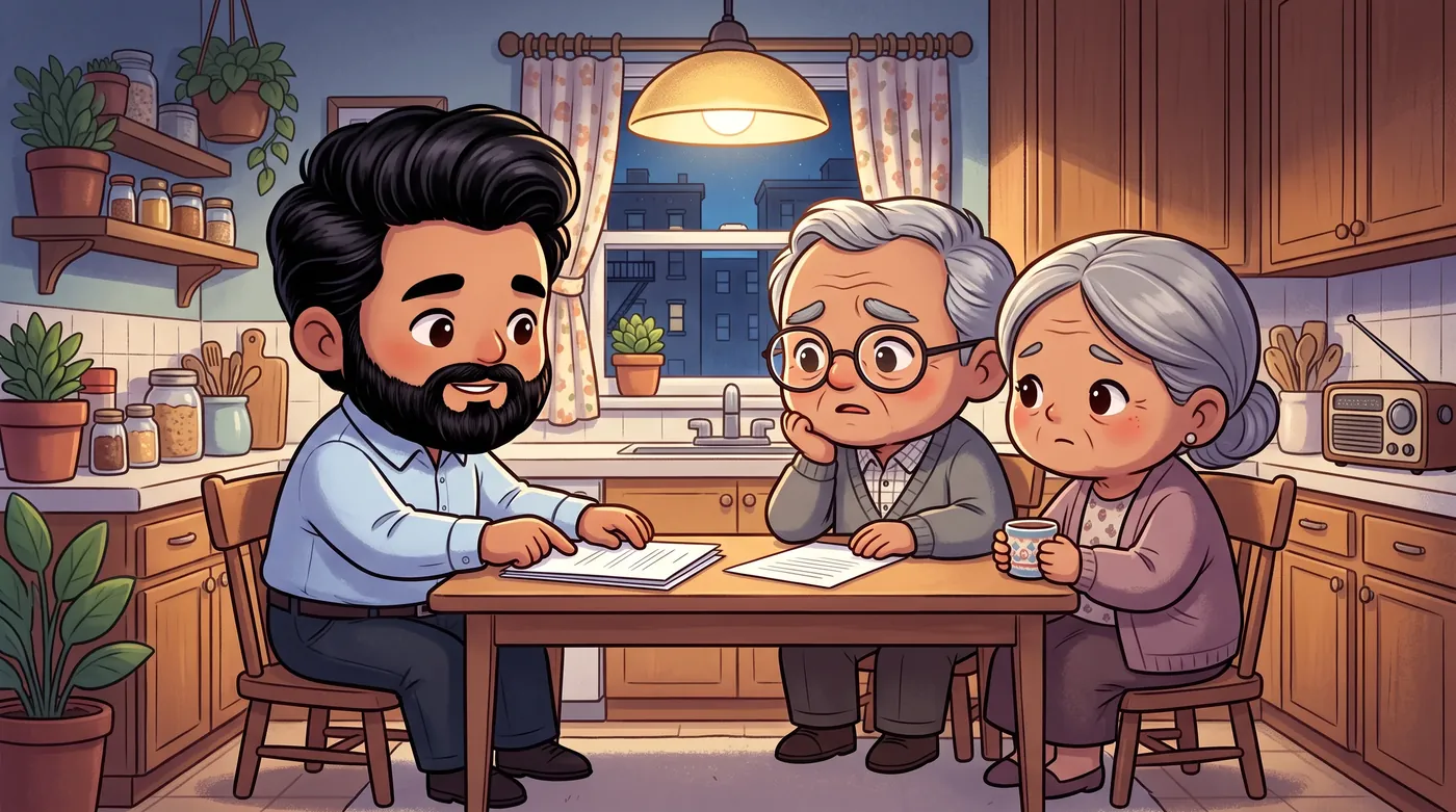 Mamdani as a housing counselor goes over foreclosure papers with an older immigrant couple at their kitchen table.