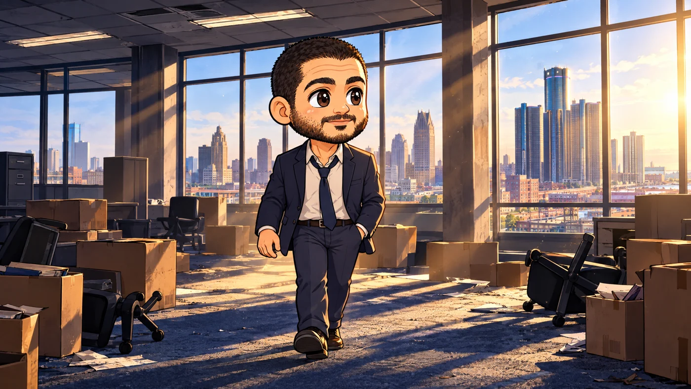 A young El-Sayed walks into a nearly empty Detroit city office, morning light cutting through the windows.