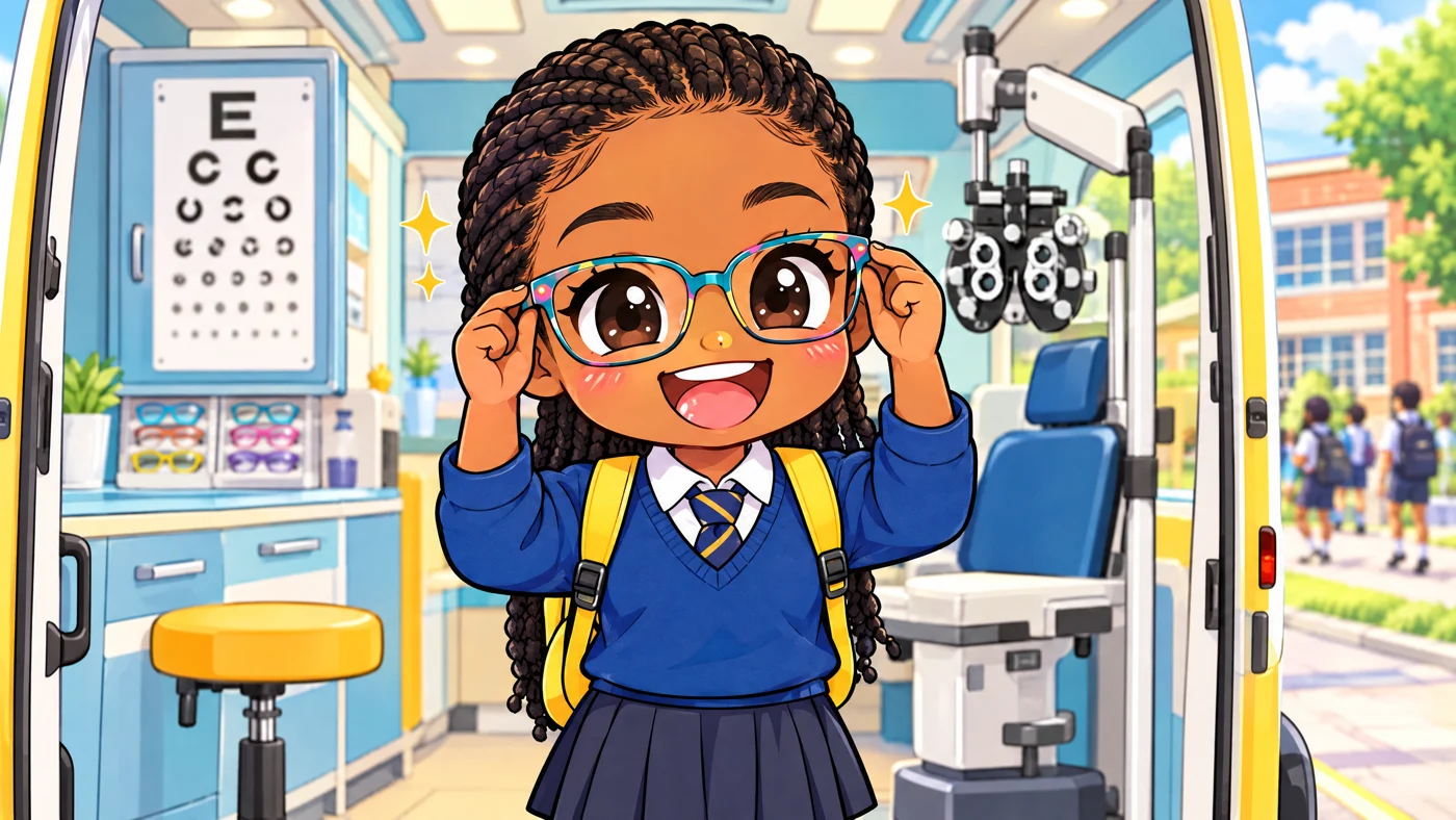 A grinning schoolgirl puts on her first pair of glasses in a mobile eye clinic.