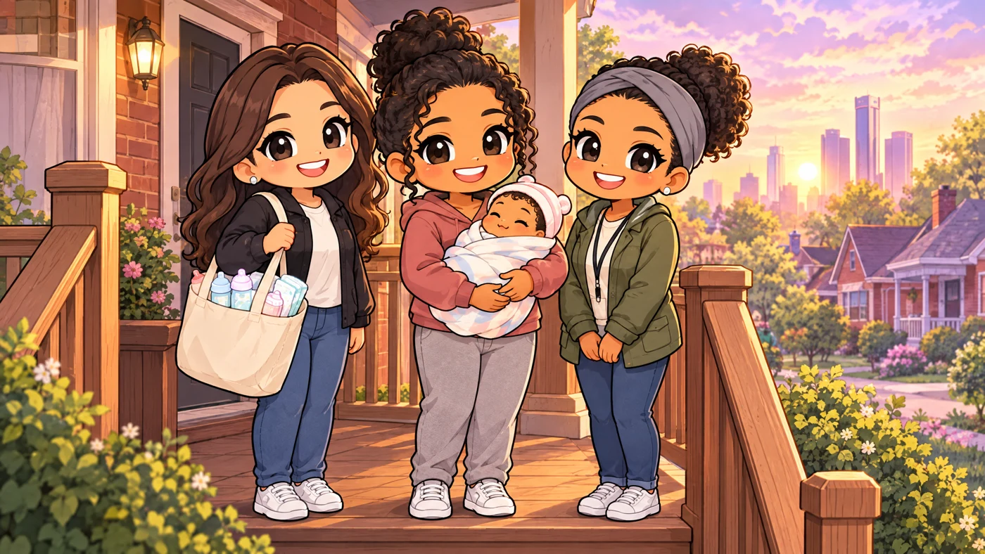 A young mother holds her baby on a porch with two volunteer mentors.
