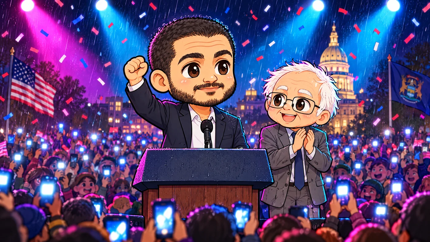 El-Sayed raises a fist at a packed rally while Bernie Sanders claps beside him.