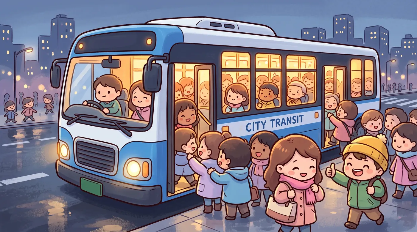 Riders of every age board a city bus through all its doors.