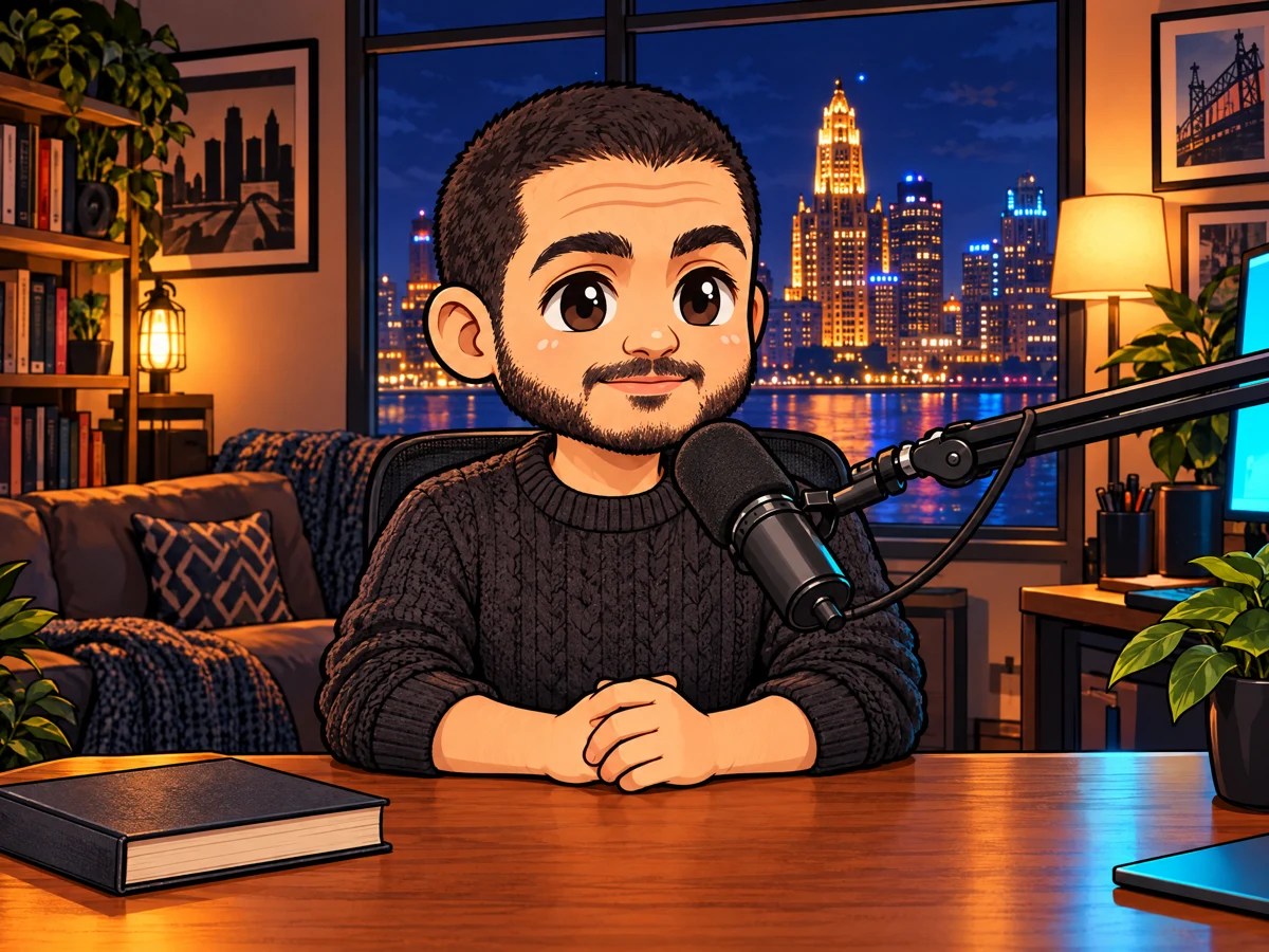 El-Sayed records a podcast at night, a hardcover book on the desk.