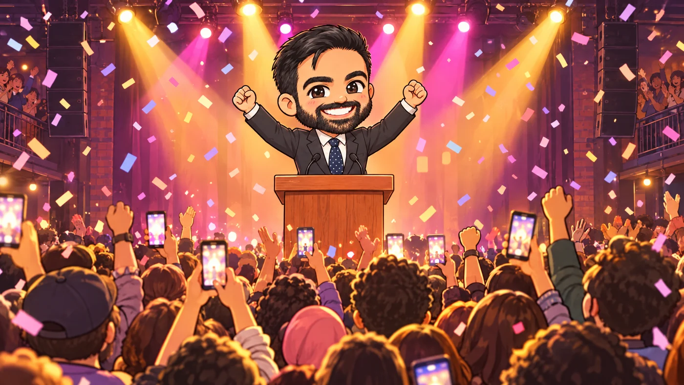 Mamdani raises both arms at a podium as confetti falls on a cheering crowd.
