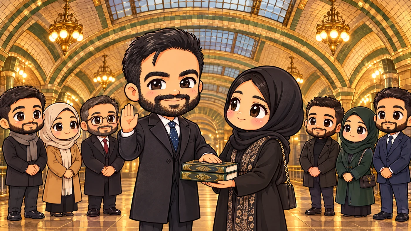 Mamdani takes the oath with his hand on two Qurans in a tiled, closed subway station.
