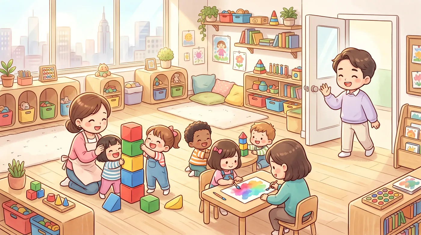 Two-year-olds paint and stack blocks in a bright classroom as a parent waves goodbye.