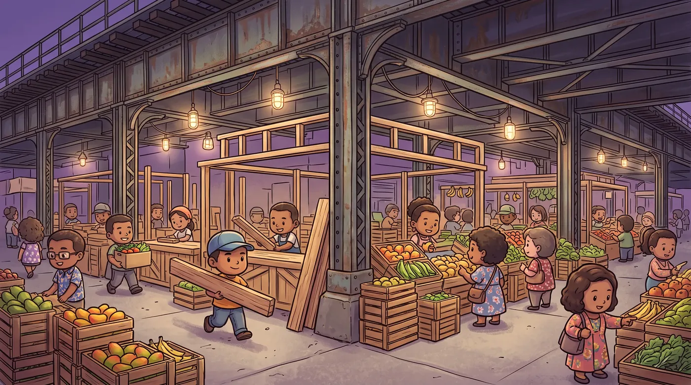 La Marqueta under the elevated viaduct, market stalls being built.