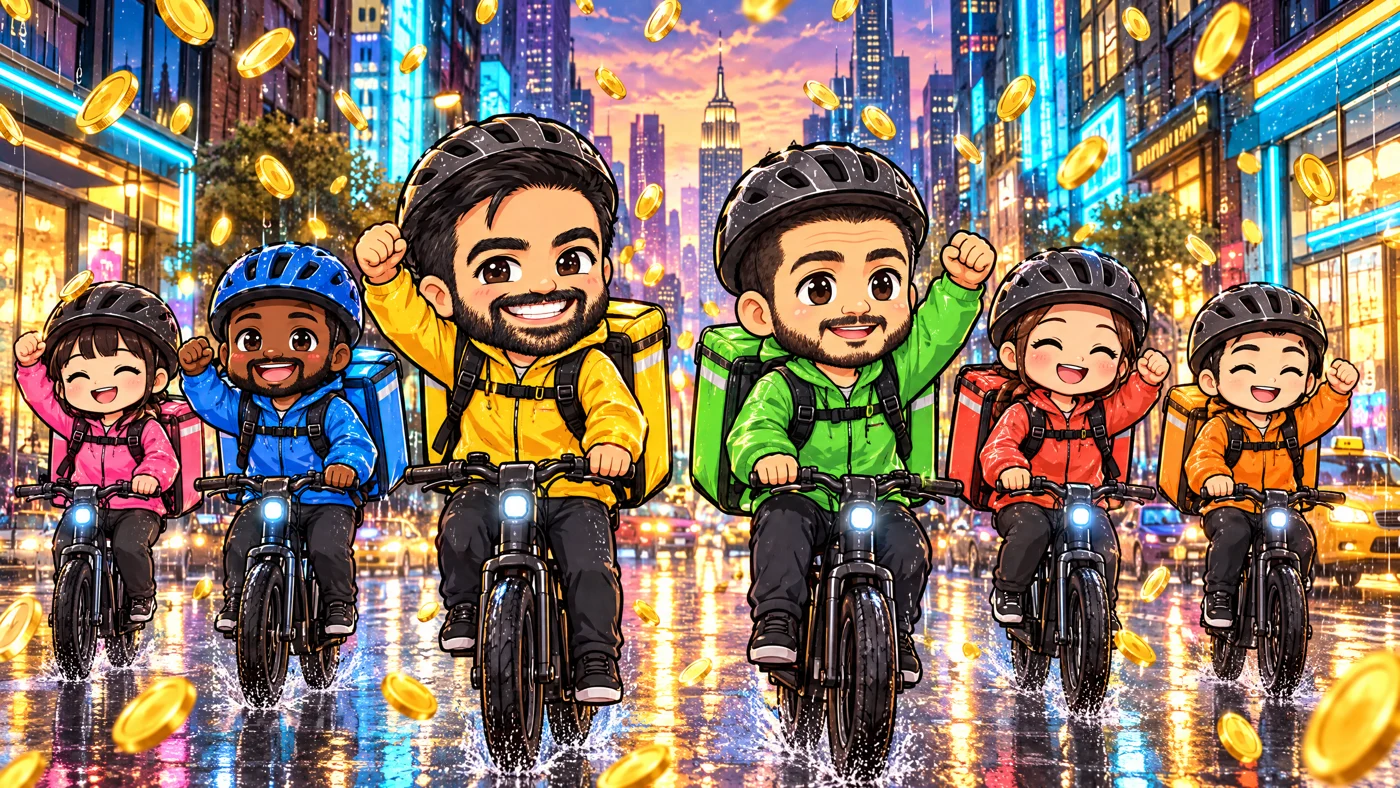 Delivery workers on e-bikes cheer in the rain as gold coins fall around them.