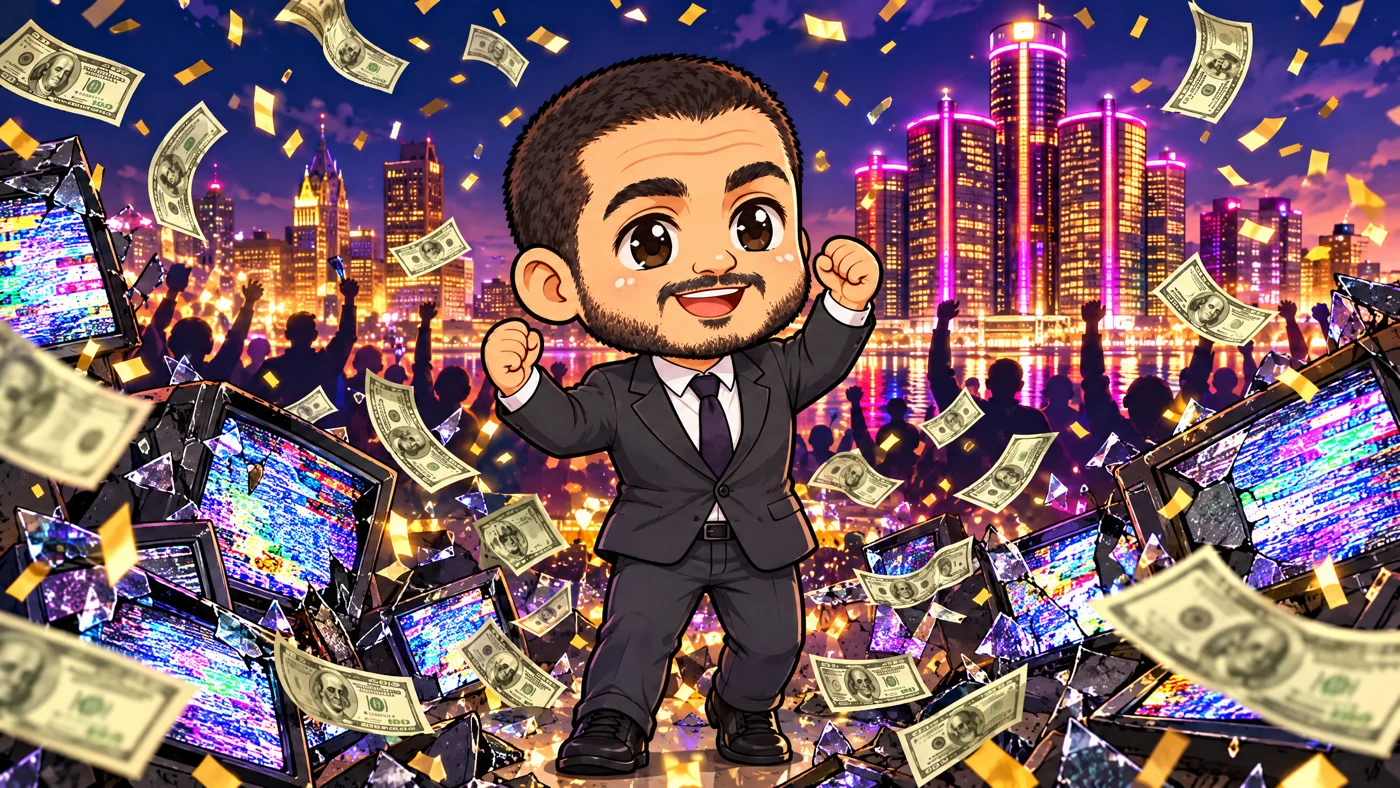 El-Sayed bursts through a wall of floating dollar bills and attack-ad screens, fists raised.