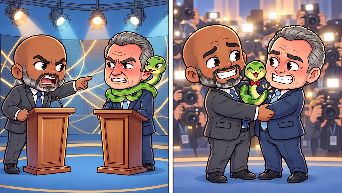 Eric Adams points angrily at Andrew Cuomo with a snake on his shoulders, then the two hug stiffly for the cameras.
