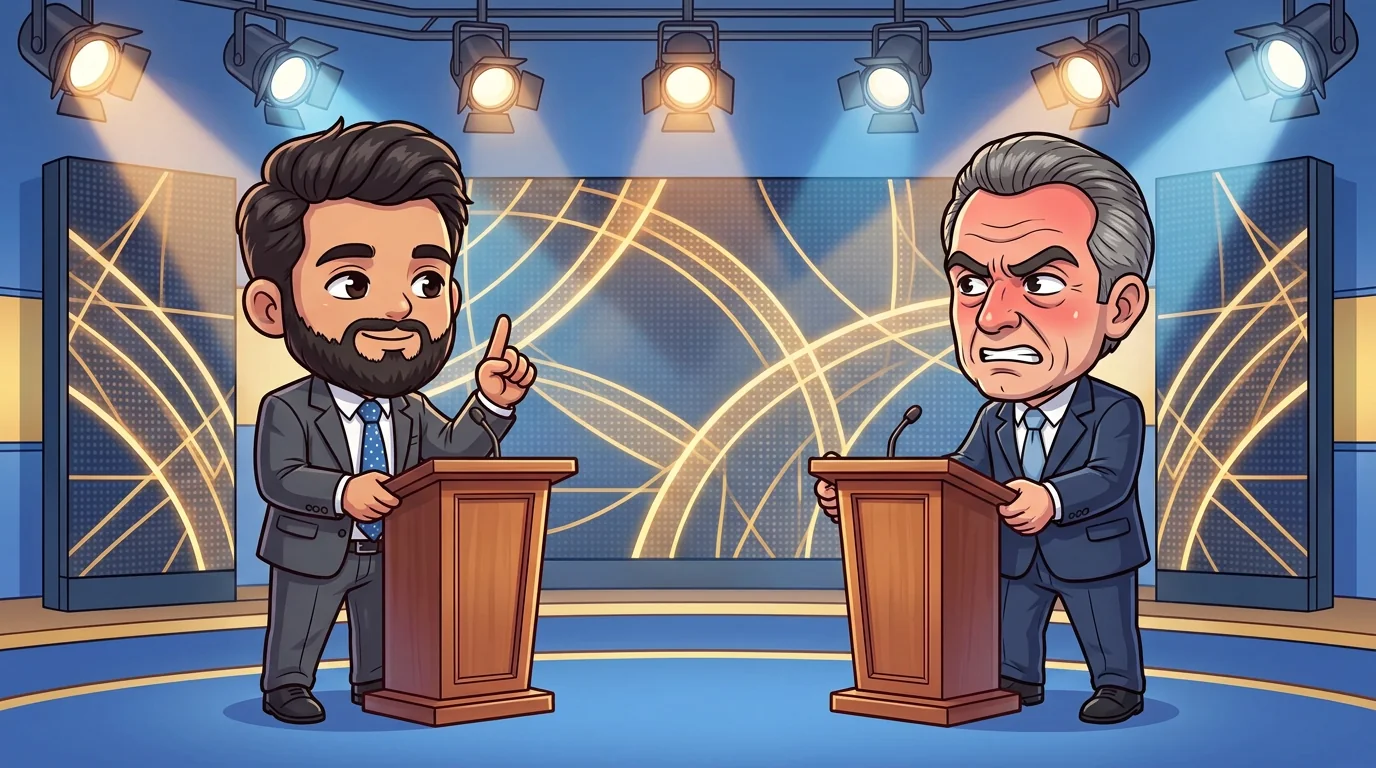 Mamdani delivers a line at a debate podium while Andrew Cuomo recoils at his.