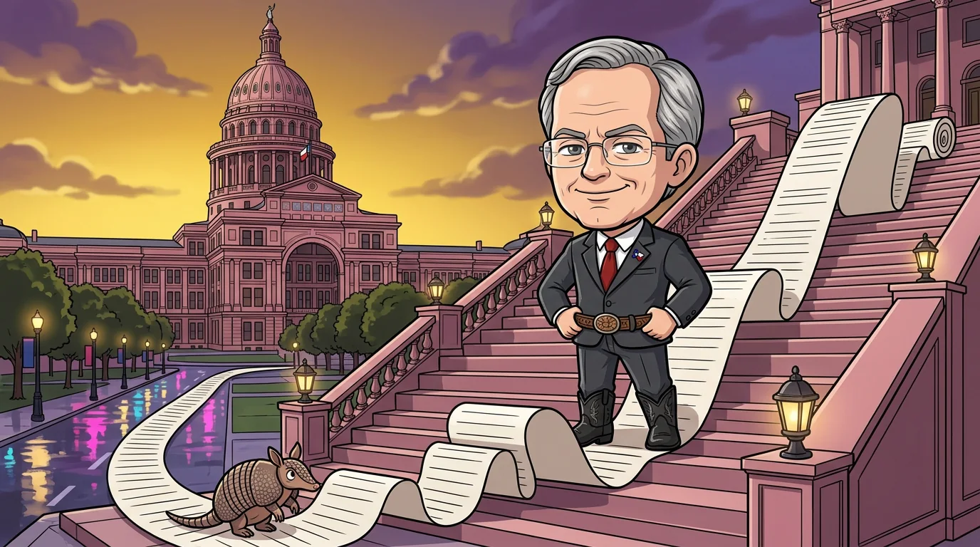 Ken Paxton smirks on the Texas Capitol steps as an endless blank scroll unrolls behind him.