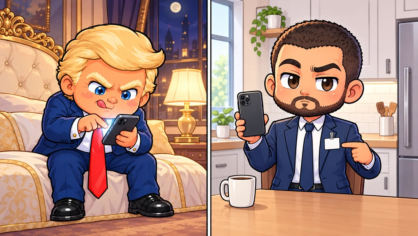 Trump jabs at his phone in a gold bedroom; El-Sayed reads his phone at a kitchen table, deadpan.