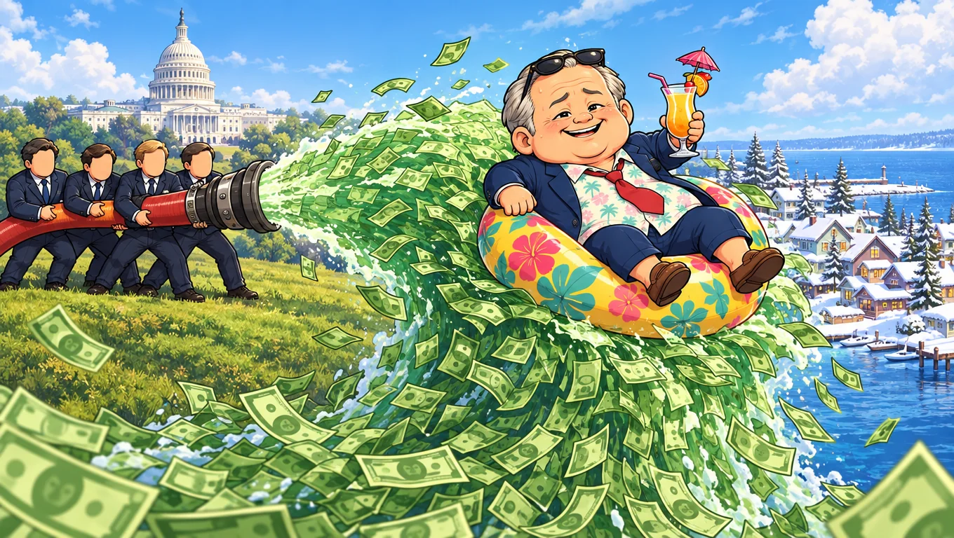 Suits aim a fire hose of dollar bills at a snowy Michigan town while Rogers rides the cash wave on a pool float.