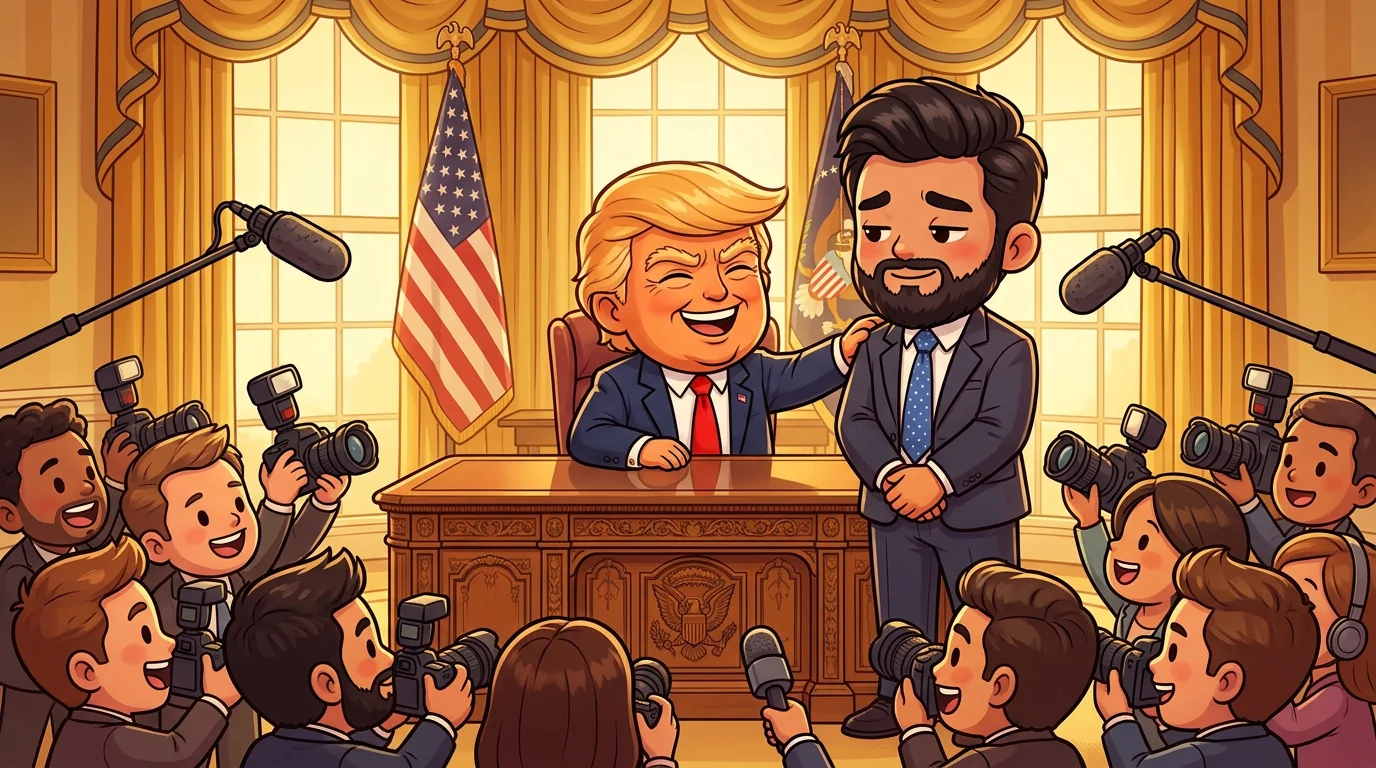 Trump, beaming at the Resolute desk, pats the arm of a politely smiling Mamdani as reporters crowd in.
