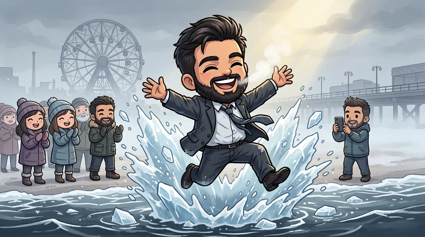 Mamdani leaps into the icy ocean in a thrift-store suit while a crowd cheers on the beach.