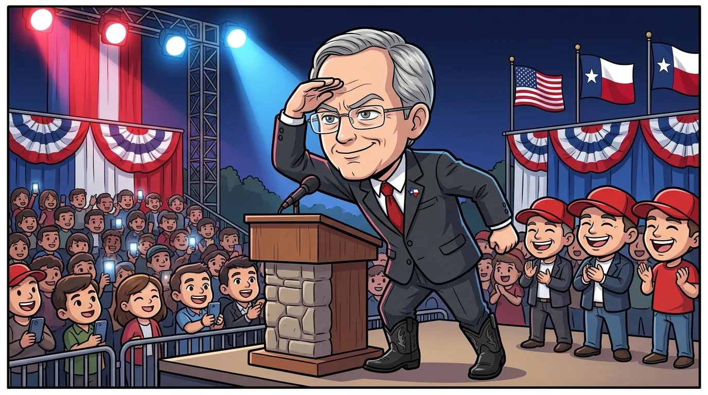 Paxton shades his eyes at a rally podium, pretending to search the crowd.