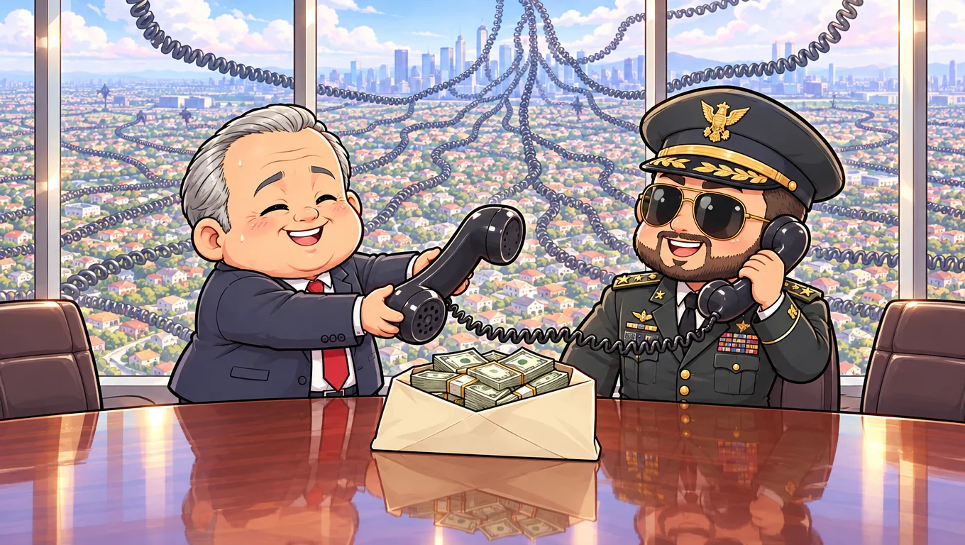 Rogers hands a giant telephone receiver to a faceless officer while phone cords run out to thousands of homes.